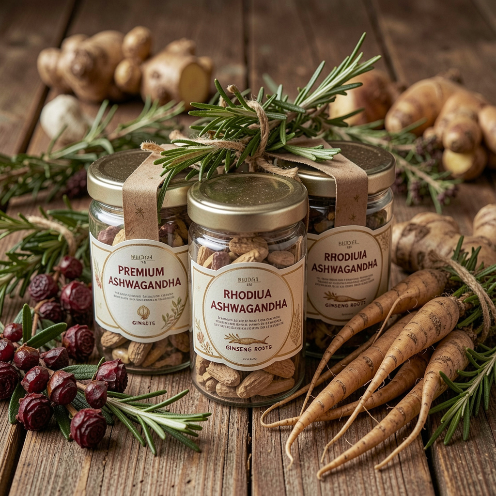 Premium botanical ingredients including rhodiola, ashwagandha, and ginseng roots